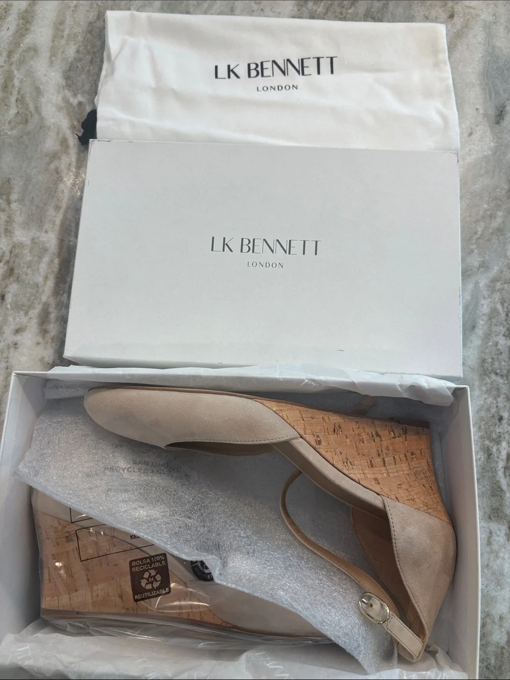 LK Bennett Beige Nude Suede Ankle-Strap Cork Wedges